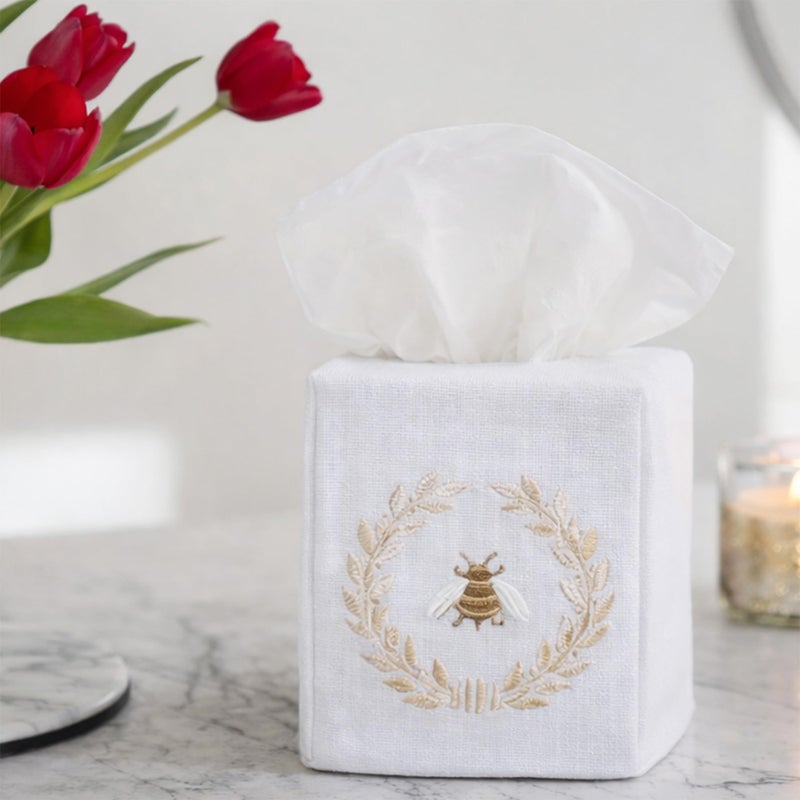 Jacaranda Living Square Tissue Box Cover, Linen/Cotton Fabric Tissue Holder, Decorative Cloth Tissue Cube Cover, Nature Designs Napoleon Bee Wreath (Cream) - Image 5